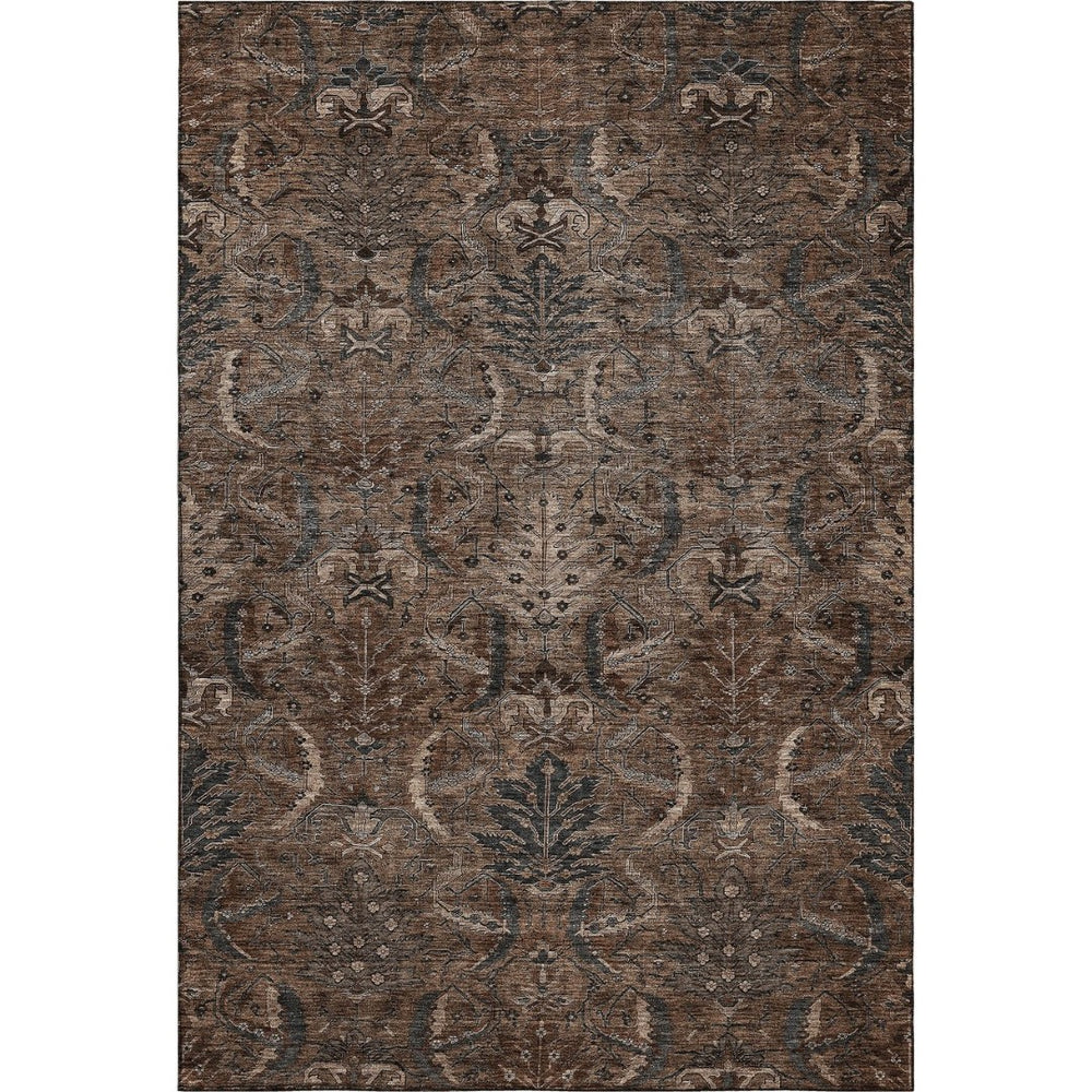 HomeRoots 9' X 12' Elegant Chocolate and Gray Damask Area Rug - Washable, UV-Protected, and Stain-Resistant! 683871