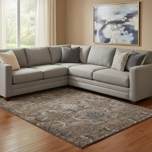 HomeRoots 10' Chocolate and Gray Damask Area Rug - Washable, UV Protected, Stain-Resistant for Busy Homes 683872
