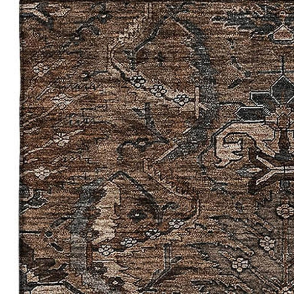 HomeRoots 10' Chocolate and Gray Damask Area Rug - Washable, UV Protected, Stain-Resistant for Busy Homes 683872