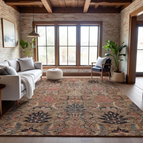 HomeRoots 5' X 8' Transitional Damask Area Rug in Khaki Gray & Salmon – Stain Resistant & UV Protected Elegance 683874