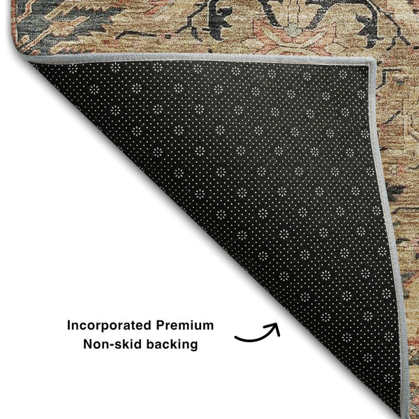 HomeRoots 5' X 8' Transitional Damask Area Rug in Khaki Gray & Salmon – Stain Resistant & UV Protected Elegance 683874