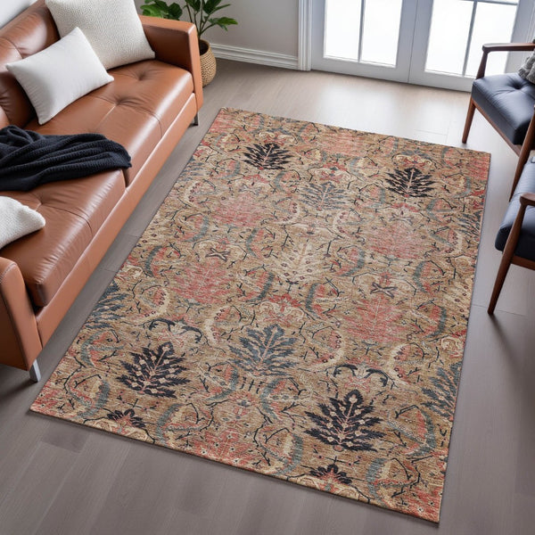 HomeRoots 5' X 8' Transitional Damask Area Rug in Khaki Gray & Salmon – Stain Resistant & UV Protected Elegance 683874
