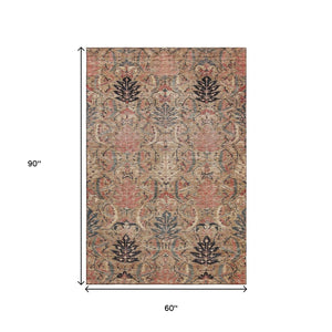 HomeRoots 5' X 8' Transitional Damask Area Rug in Khaki Gray & Salmon – Stain Resistant & UV Protected Elegance 683874