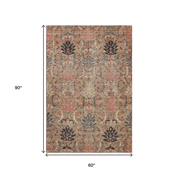 HomeRoots 5' X 8' Transitional Damask Area Rug in Khaki Gray & Salmon – Stain Resistant & UV Protected Elegance 683874