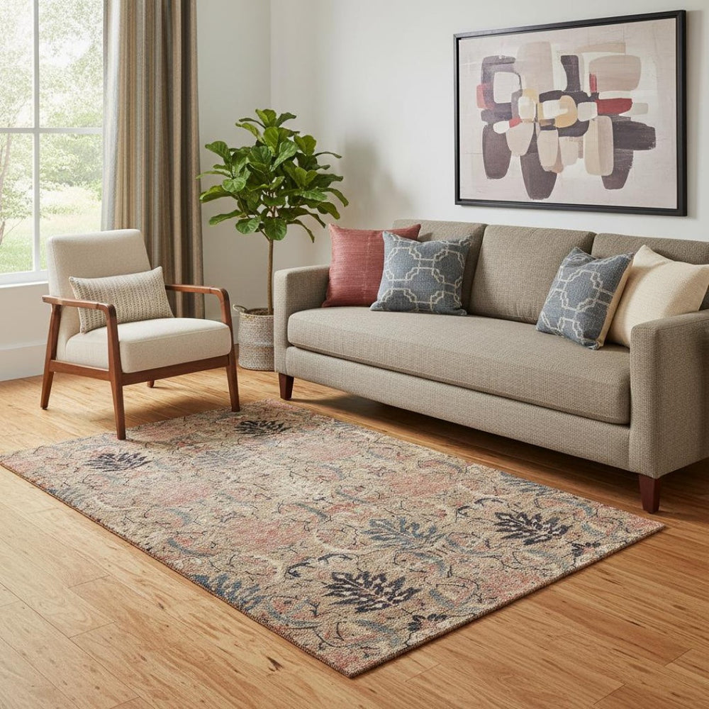 HomeRoots 5' X 8' Transitional Damask Area Rug in Khaki Gray & Salmon – Stain Resistant & UV Protected Elegance 683874