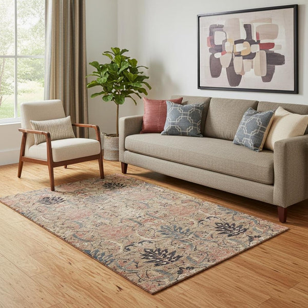 HomeRoots 5' X 8' Transitional Damask Area Rug in Khaki Gray & Salmon – Stain Resistant & UV Protected Elegance 683874
