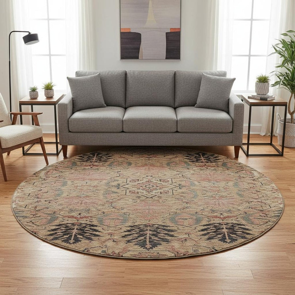 HomeRoots 8' Washable Round Rug in Khaki Gray and Salmon Damask with UV Protection for Stylish Durability 683875