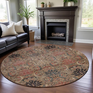 HomeRoots 8' Washable Round Rug in Khaki Gray and Salmon Damask with UV Protection for Stylish Durability 683875