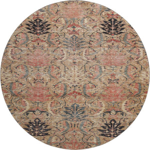 HomeRoots 8' Washable Round Rug in Khaki Gray and Salmon Damask with UV Protection for Stylish Durability 683875