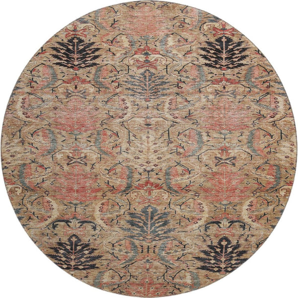 HomeRoots 8' Washable Round Rug in Khaki Gray and Salmon Damask with UV Protection for Stylish Durability 683875