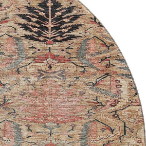 HomeRoots 8' Washable Round Rug in Khaki Gray and Salmon Damask with UV Protection for Stylish Durability 683875