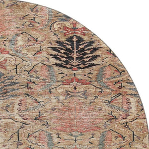 HomeRoots 8' Washable Round Rug in Khaki Gray and Salmon Damask with UV Protection for Stylish Durability 683875