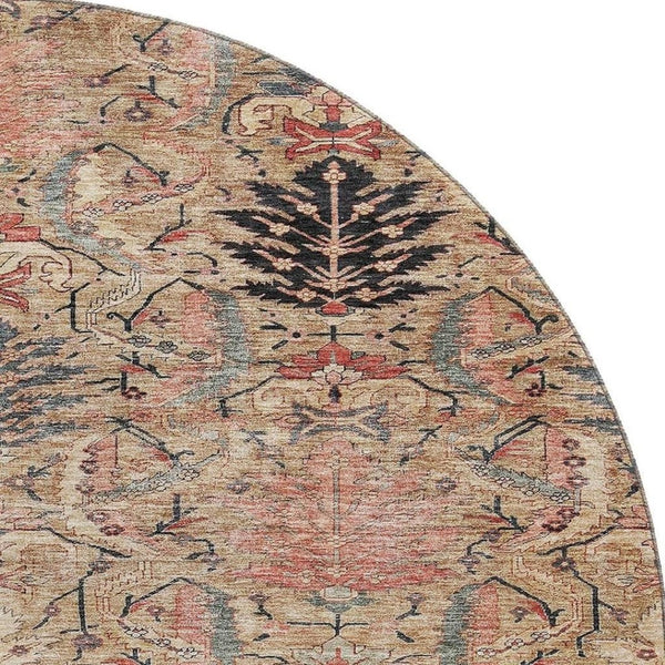HomeRoots 8' Washable Round Rug in Khaki Gray and Salmon Damask with UV Protection for Stylish Durability 683875