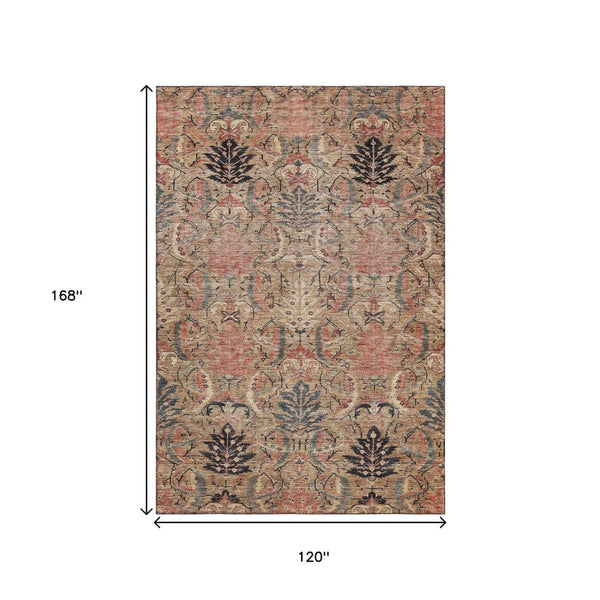 HomeRoots 10' X 14' Washable Damask Area Rug in Khaki Gray & Salmon - Durable, UV-Protected & Stylish! 683878