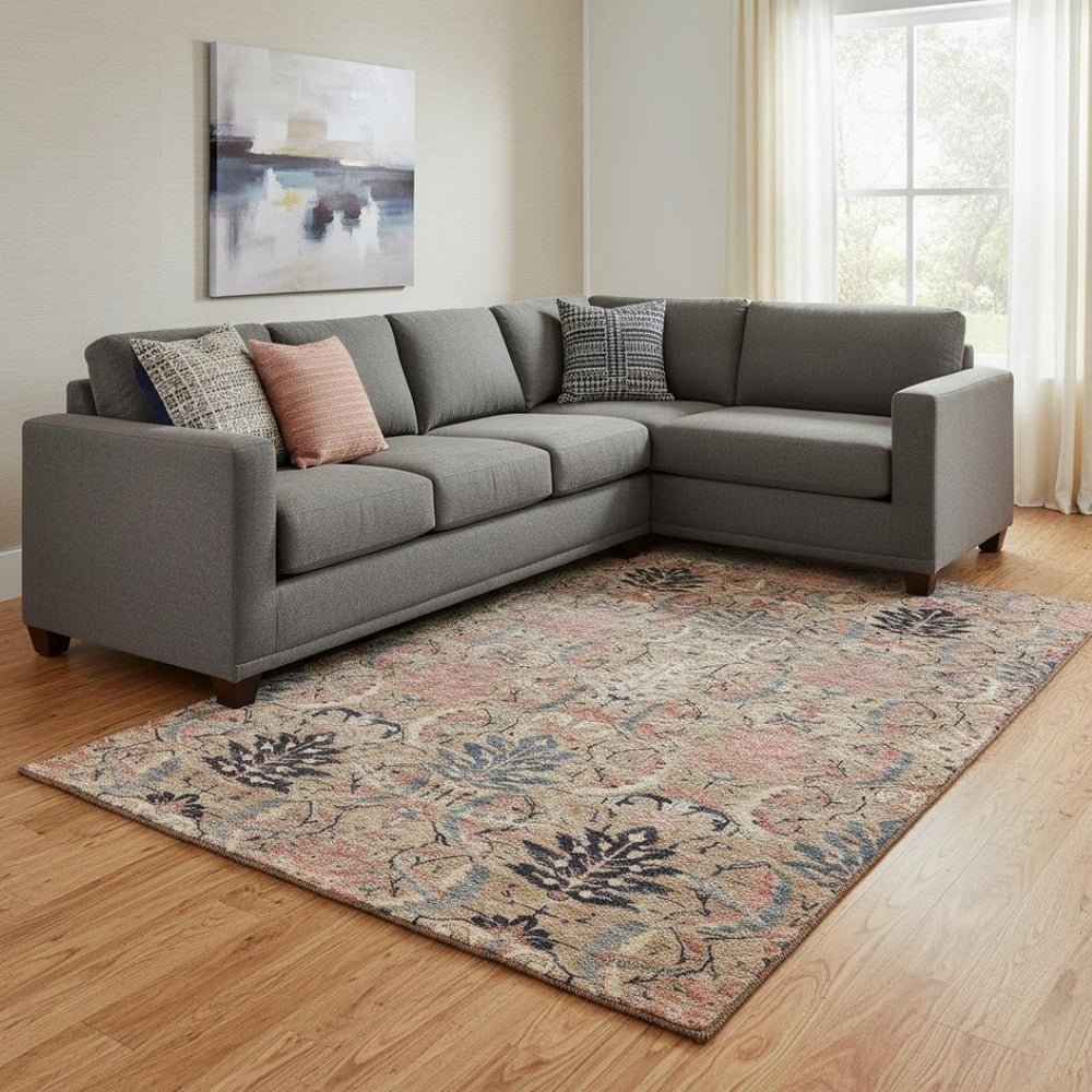 HomeRoots 10' X 14' Washable Damask Area Rug in Khaki Gray & Salmon - Durable, UV-Protected & Stylish! 683878