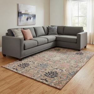 HomeRoots 10' X 14' Washable Damask Area Rug in Khaki Gray & Salmon - Durable, UV-Protected & Stylish! 683878