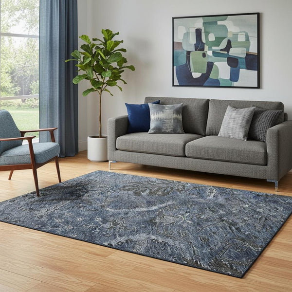 HomeRoots 5' X 8' Elegant Navy Blue & Charcoal Damask Washable Area Rug with UV Protection for Active Homes 683880