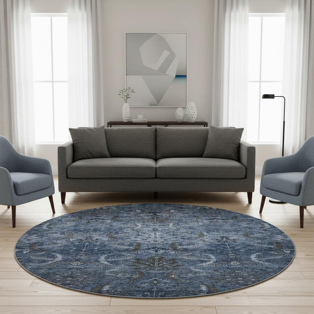 HomeRoots 8' Navy Blue & Charcoal Damask Washable Round Rug with UV Protection - Stylish, Durable, Easy-Care! 683881