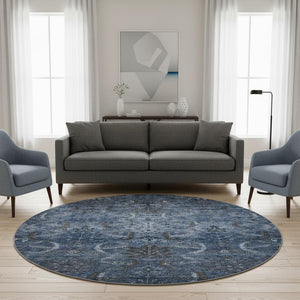 HomeRoots 8' Navy Blue & Charcoal Damask Washable Round Rug with UV Protection - Stylish, Durable, Easy-Care! 683881