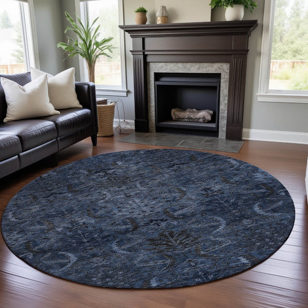 HomeRoots 8' Navy Blue & Charcoal Damask Washable Round Rug with UV Protection - Stylish, Durable, Easy-Care! 683881