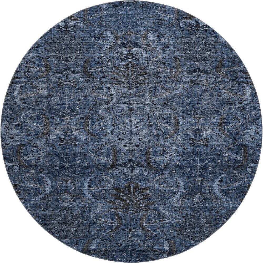HomeRoots 8' Navy Blue & Charcoal Damask Washable Round Rug with UV Protection - Stylish, Durable, Easy-Care! 683881