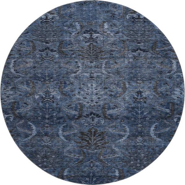 HomeRoots 8' Navy Blue & Charcoal Damask Washable Round Rug with UV Protection - Stylish, Durable, Easy-Care! 683881