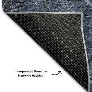 HomeRoots 8' Navy Blue & Charcoal Damask Washable Round Rug with UV Protection - Stylish, Durable, Easy-Care! 683881