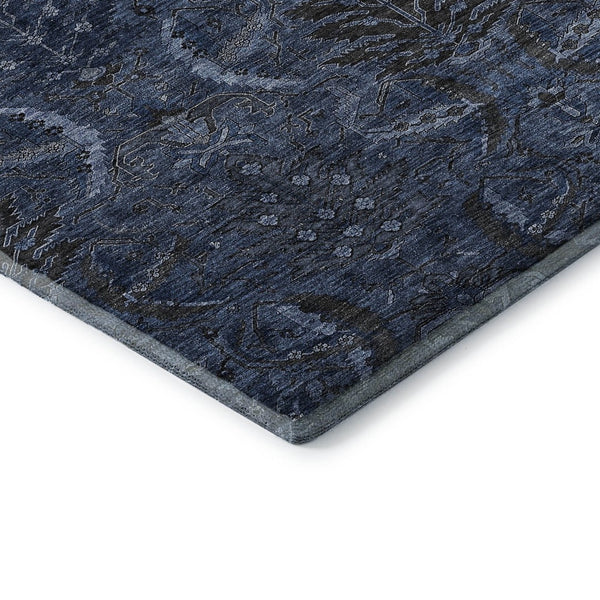 HomeRoots 8' Navy Blue & Charcoal Damask Washable Round Rug with UV Protection - Stylish, Durable, Easy-Care! 683881