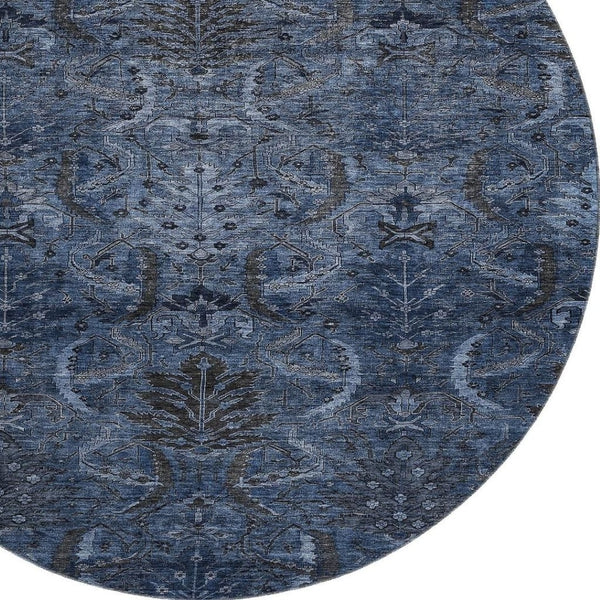 HomeRoots 8' Navy Blue & Charcoal Damask Washable Round Rug with UV Protection - Stylish, Durable, Easy-Care! 683881