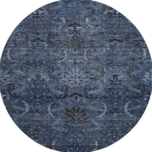 HomeRoots 8' Navy Blue & Charcoal Damask Washable Round Rug with UV Protection - Stylish, Durable, Easy-Care! 683881