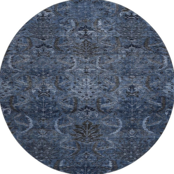 HomeRoots 8' Navy Blue & Charcoal Damask Washable Round Rug with UV Protection - Stylish, Durable, Easy-Care! 683881