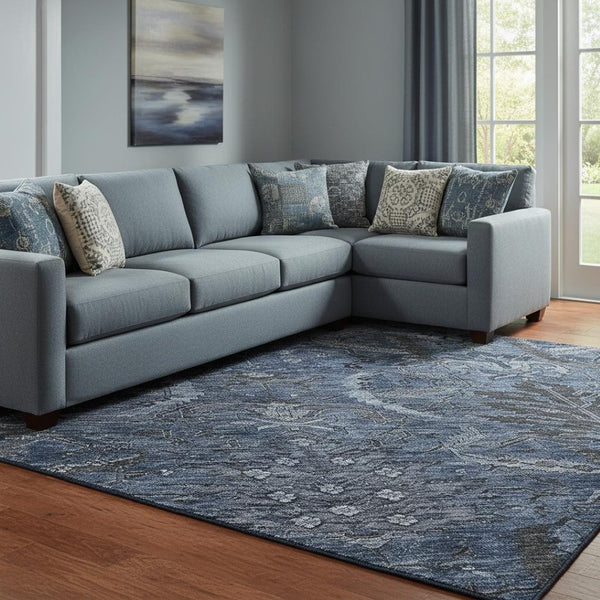 HomeRoots 8' X 10' Navy Blue Charcoal Damask Area Rug - Stylish, Washable, UV Protected for Family Spaces! 683882