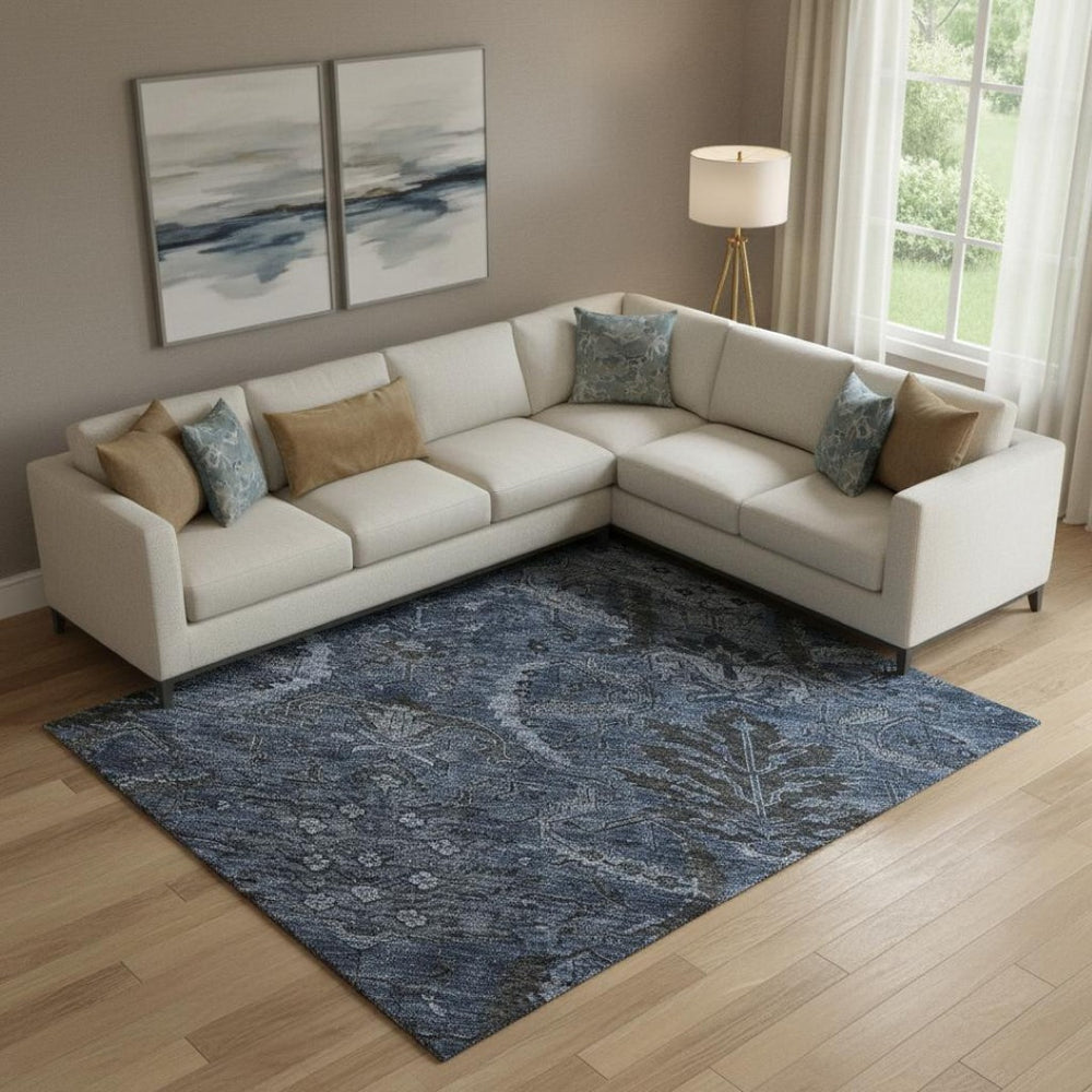 HomeRoots 9' X 12' Navy Blue And Charcoal Damask Area Rug - Washable, Stain-Resistant, UV Protected Elegance 683883
