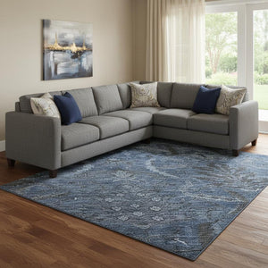 HomeRoots 10' X 14' Navy Blue & Charcoal Damask Area Rug - Durable, Washable, UV Protected for Elegant Spaces 683884