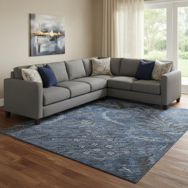 HomeRoots 10' X 14' Navy Blue & Charcoal Damask Area Rug - Durable, Washable, UV Protected for Elegant Spaces 683884