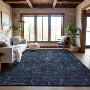 HomeRoots 10' X 14' Navy Blue & Charcoal Damask Area Rug - Durable, Washable, UV Protected for Elegant Spaces 683884