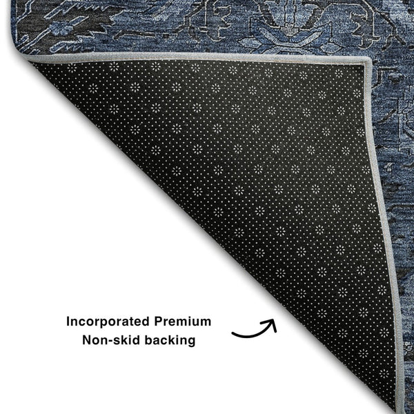 HomeRoots 10' X 14' Navy Blue & Charcoal Damask Area Rug - Durable, Washable, UV Protected for Elegant Spaces 683884