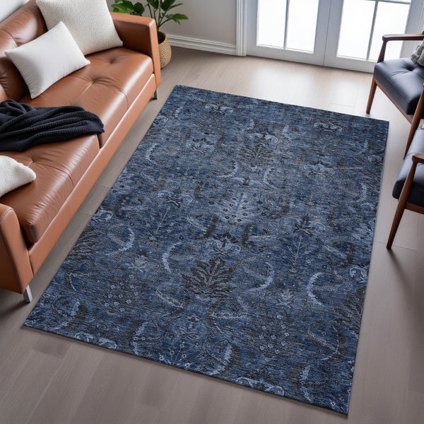 HomeRoots 10' X 14' Navy Blue & Charcoal Damask Area Rug - Durable, Washable, UV Protected for Elegant Spaces 683884