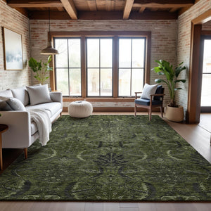 HomeRoots 5' X 8' Elegant Olive Green & Charcoal Damask Area Rug - Stain Resistant, UV Protected & Easy Care 683886