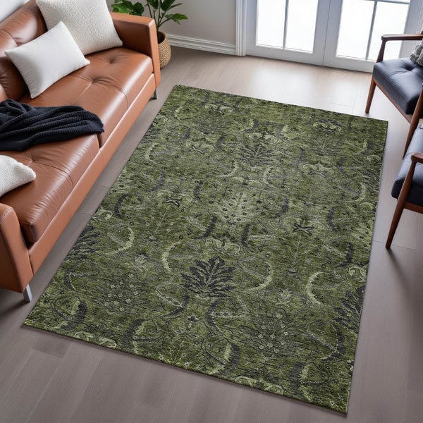 HomeRoots 5' X 8' Elegant Olive Green & Charcoal Damask Area Rug - Stain Resistant, UV Protected & Easy Care 683886