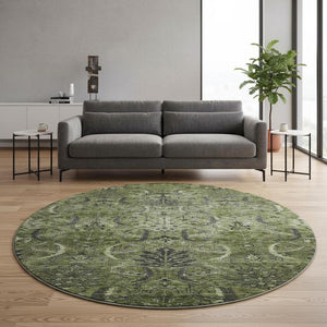 HomeRoots 8' Olive Green & Charcoal Damask Washable Round Rug - Durable, Stylish, UV-Resistant for Homes 683887