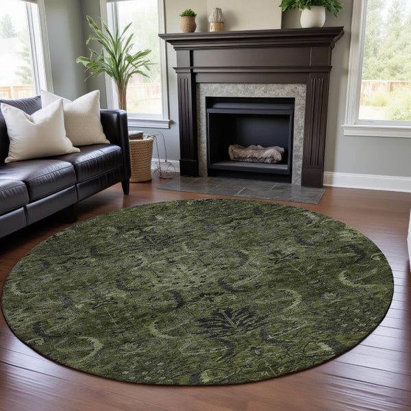 HomeRoots 8' Olive Green & Charcoal Damask Washable Round Rug - Durable, Stylish, UV-Resistant for Homes 683887