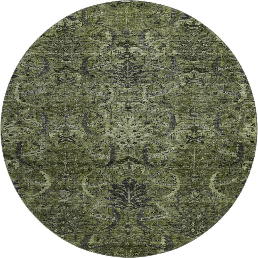 HomeRoots 8' Olive Green & Charcoal Damask Washable Round Rug - Durable, Stylish, UV-Resistant for Homes 683887