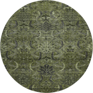 HomeRoots 8' Olive Green & Charcoal Damask Washable Round Rug - Durable, Stylish, UV-Resistant for Homes 683887