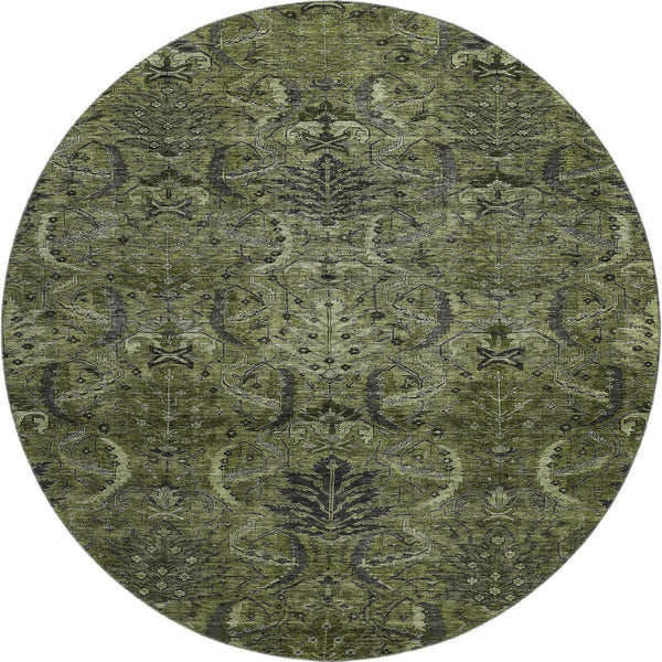 HomeRoots 8' Olive Green & Charcoal Damask Washable Round Rug - Durable, Stylish, UV-Resistant for Homes 683887