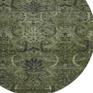 HomeRoots 8' Olive Green & Charcoal Damask Washable Round Rug - Durable, Stylish, UV-Resistant for Homes 683887