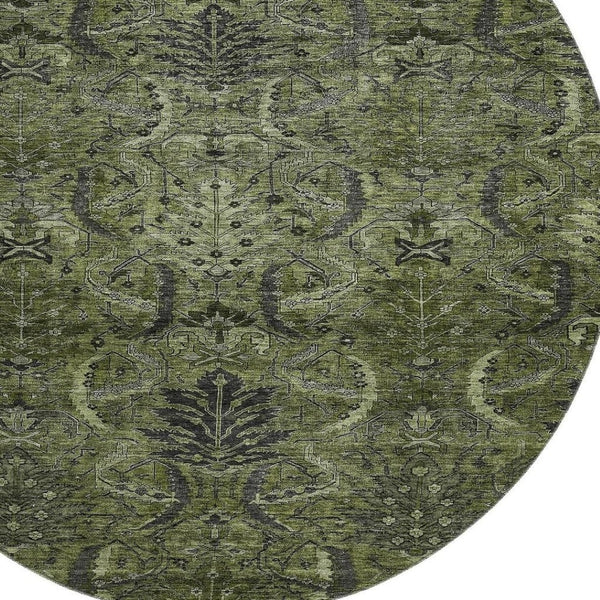 HomeRoots 8' Olive Green & Charcoal Damask Washable Round Rug - Durable, Stylish, UV-Resistant for Homes 683887