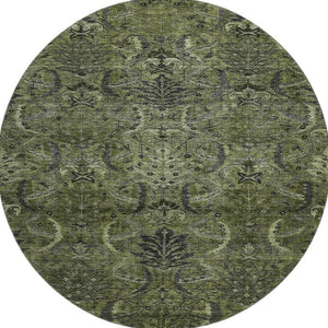 HomeRoots 8' Olive Green & Charcoal Damask Washable Round Rug - Durable, Stylish, UV-Resistant for Homes 683887