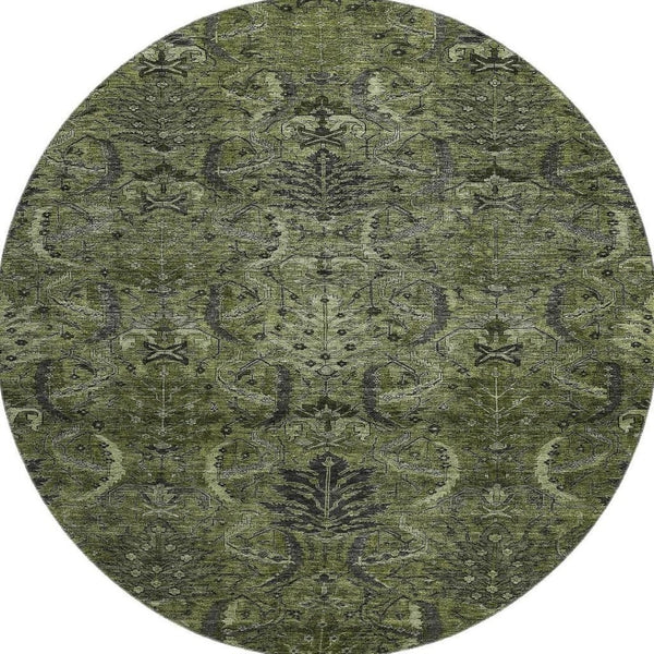 HomeRoots 8' Olive Green & Charcoal Damask Washable Round Rug - Durable, Stylish, UV-Resistant for Homes 683887