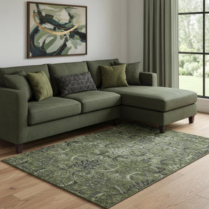 HomeRoots 8' X 10' Stylish Olive Green Charcoal Damask Washable Area Rug with UV Protection for Homes 683888